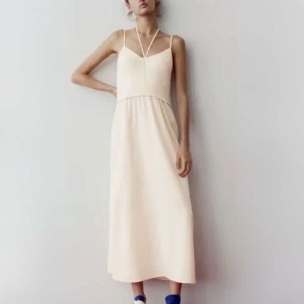 ZARA Cream Knit Maxi Dress Spaghetti Straps Size M